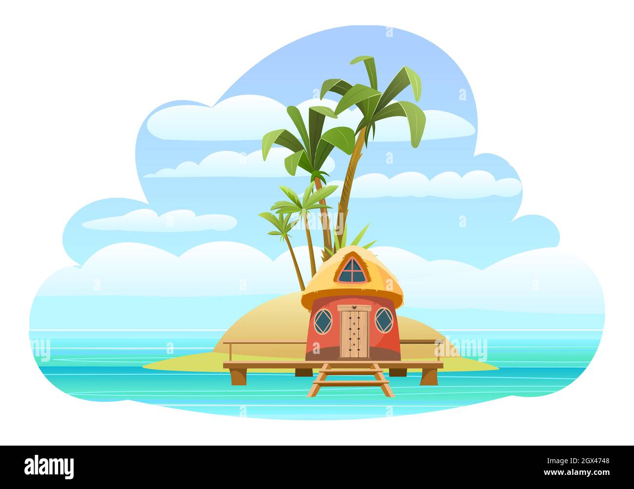 Bungalow auf der Insel. In hellem ruhigen Meer. Sommerlandschaft. Strandhütte am Meer. Isoliert auf weißem Hintergrund. Palmen und tropische Pflanzen Stock Vektor