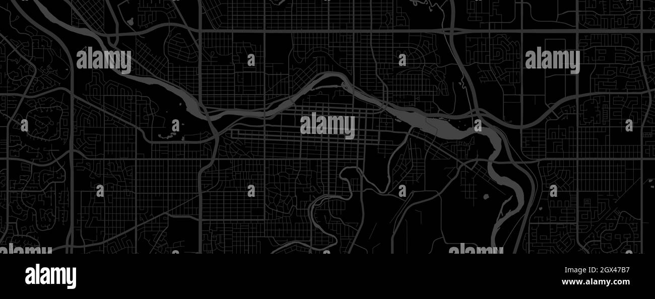 Dunkelschwarze Calgary City Bereich horizontale Vektor-Hintergrundkarte, Straßen und Wasserkartographie Illustration. Breitbild-Anteil, digitales flaches Design Stock Vektor