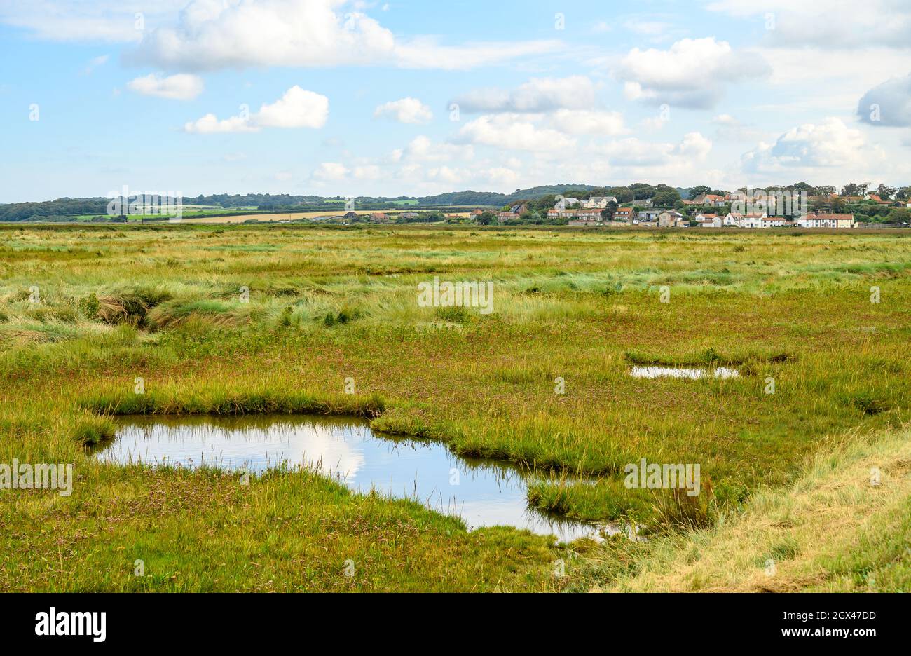 Blick über Süsswassermoore nach Cley neben dem Sea Village von der Wanderroute in Blakeney Freshes, Norfolk, England. Stockfoto