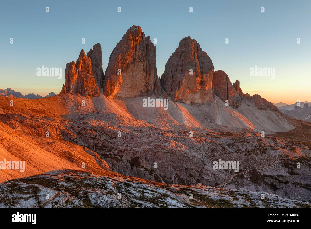 Tre Cime di Lavaredo, Belluno, Venetien, Dolomiten, Italien Stockfoto