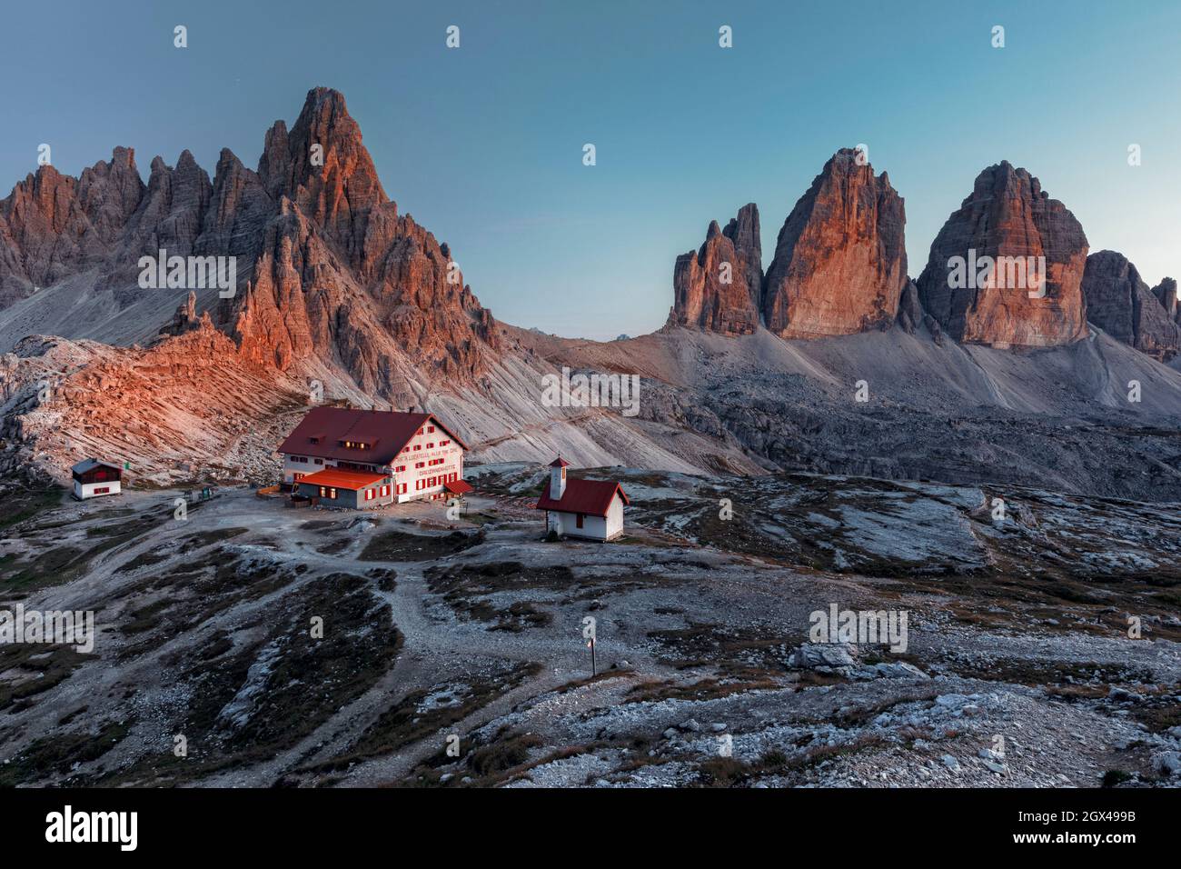 Tre Cime di Lavaredo, Belluno, Venetien, Dolomiten, Italien Stockfoto