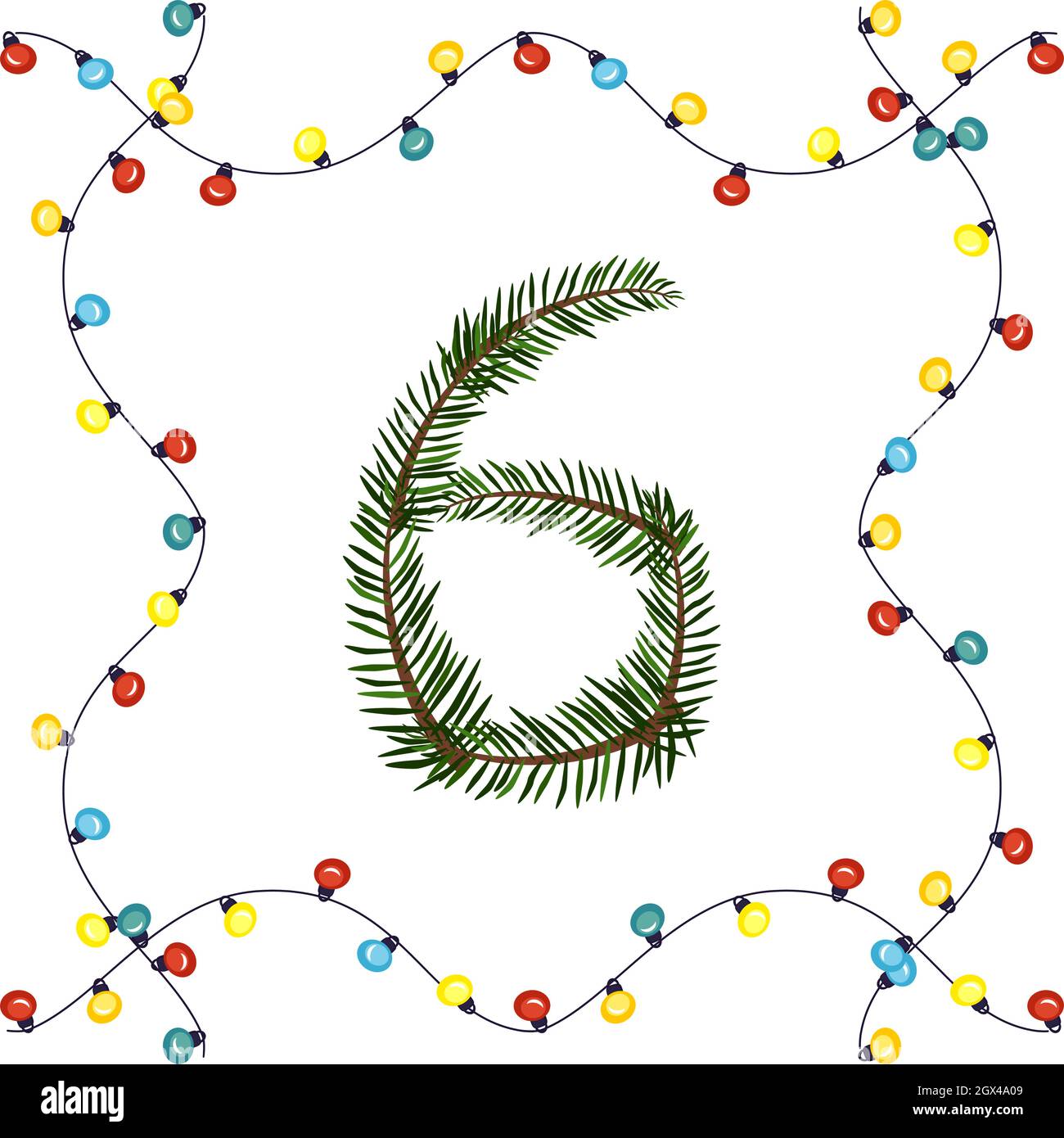 Nummer sechs aus grünen Christbaumzweigen. Festliche Schrift und Rahmen aus Girlande, Symbol für glückliches Neues Jahr und Weihnachten, Charakter für Datumsdekoration Stock Vektor