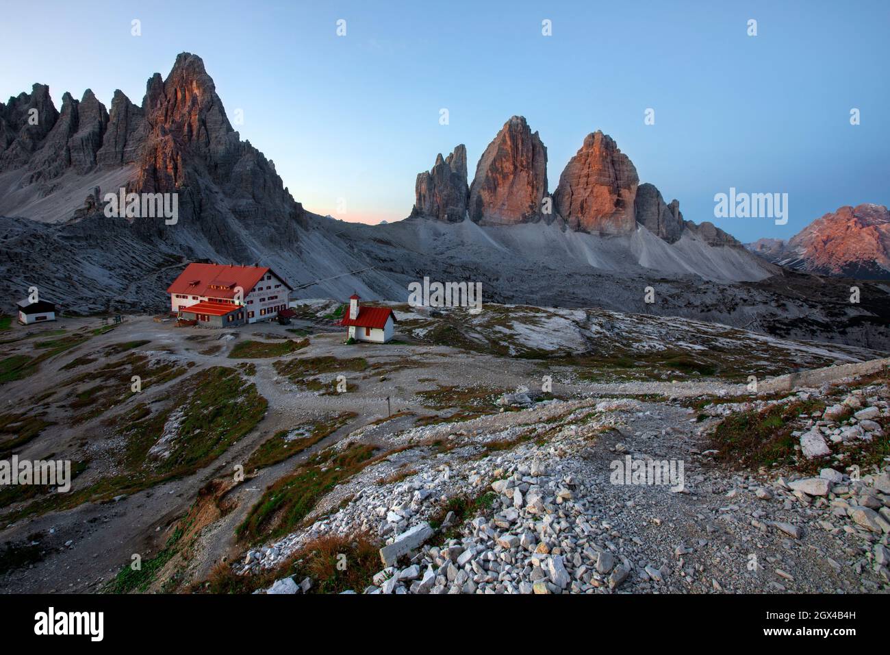 Tre Cime di Lavaredo, Belluno, Venetien, Dolomiten, Italien Stockfoto