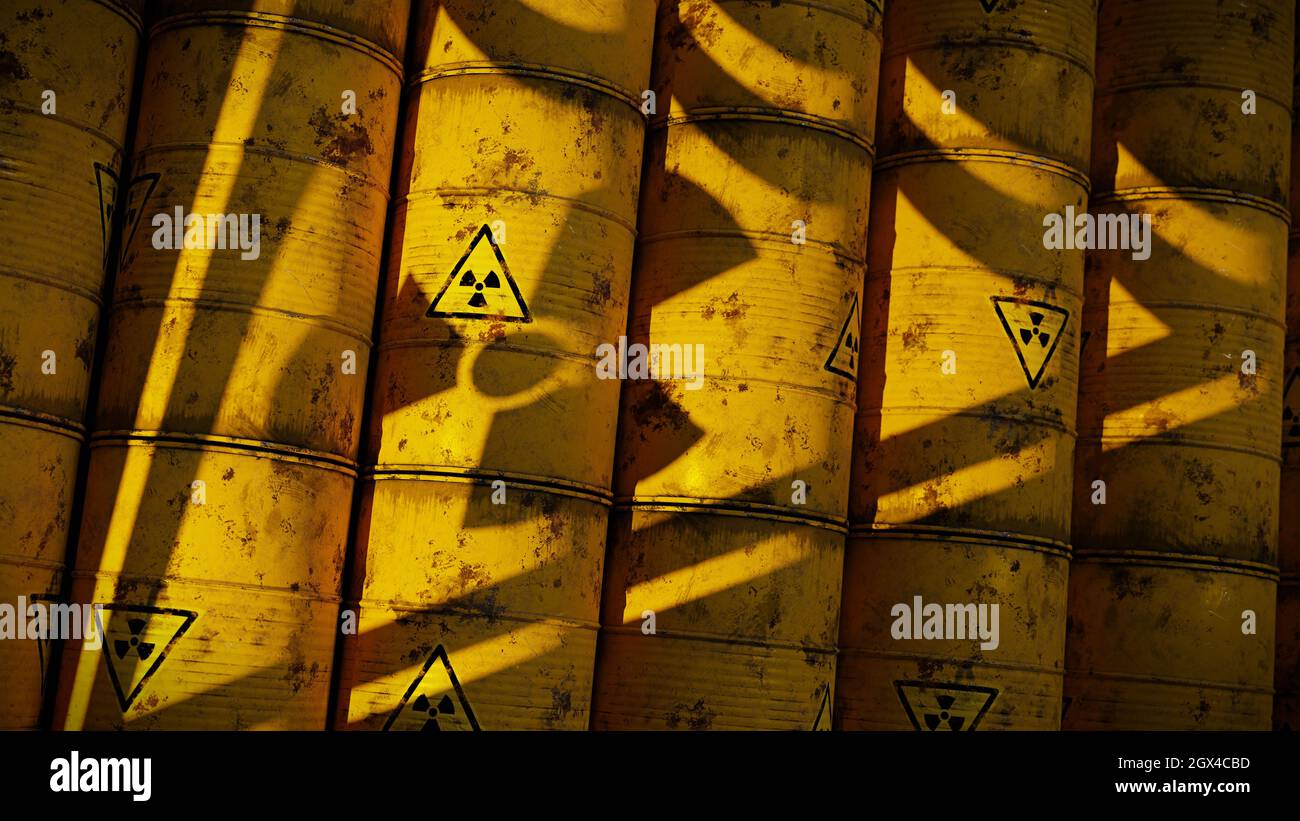 Radioaktiver Müll, riesiger Haufen Fässer mit Warnsymbol Stockfoto