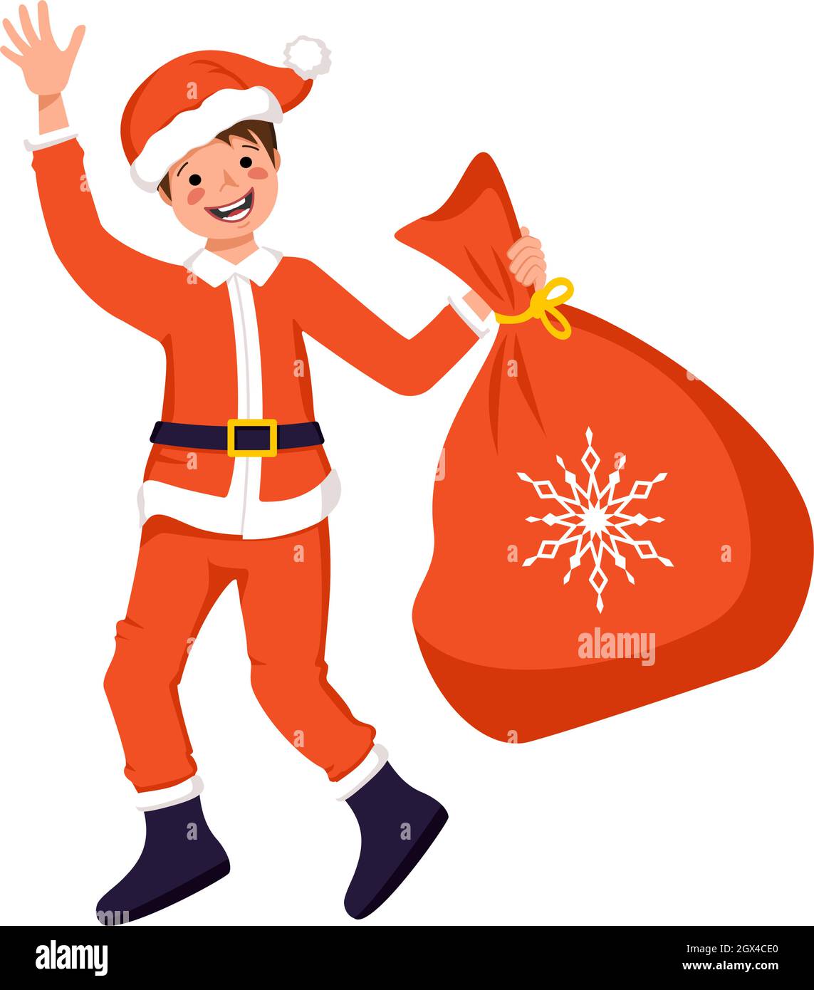 Niedlicher Junge mit glücklichem Gesicht und Augen im festlichen Weihnachtsmann oder Vater Frost Kostüm mit Geschenktüte für Weihnachten, Neujahr oder Winterurlaub Stock Vektor