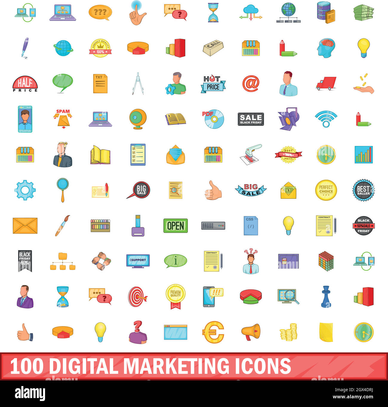 100 digitale cartoon marketing Icons Set,-Stil Stock Vektor