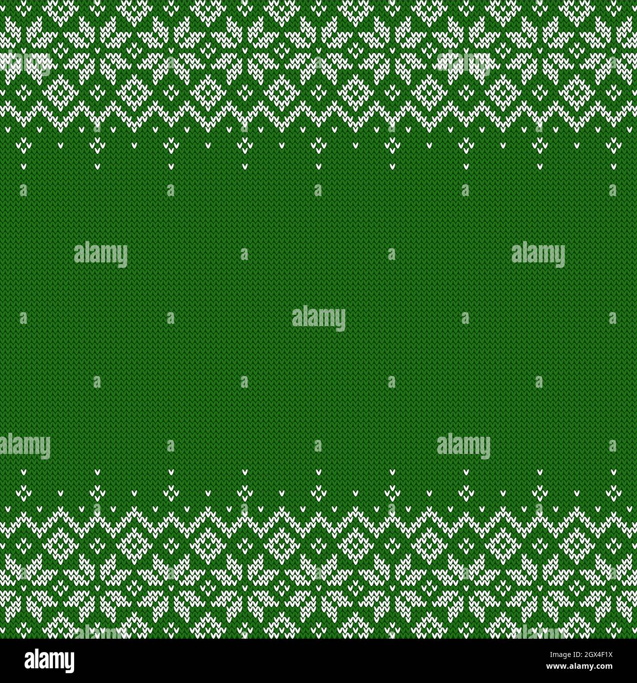 Gestrickter Hintergrund mit Copyspace. Grün-weißes Pullovermuster für Weihnachten, Neujahr oder Winter. Traditionelle skandinavische Bordüre Stock Vektor