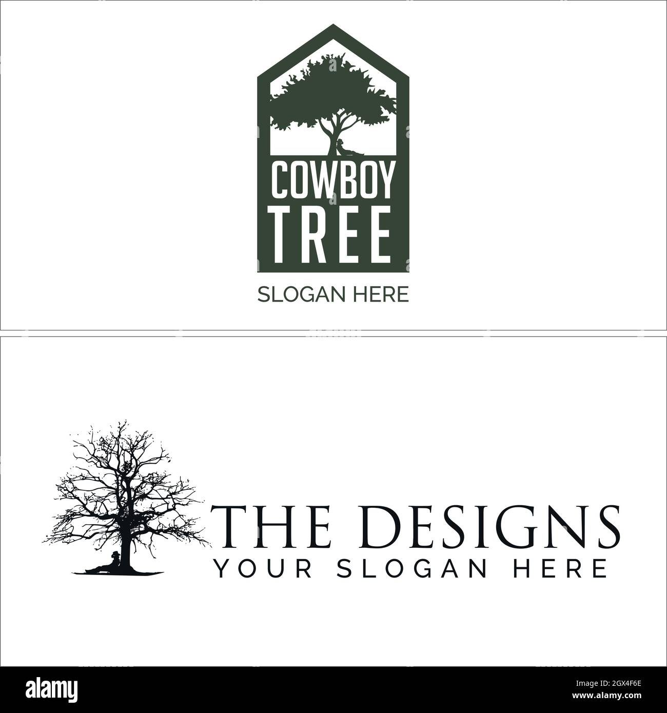 Cowboy-Silhouette lehnt sich an das Baum-Logo-Design Stock Vektor