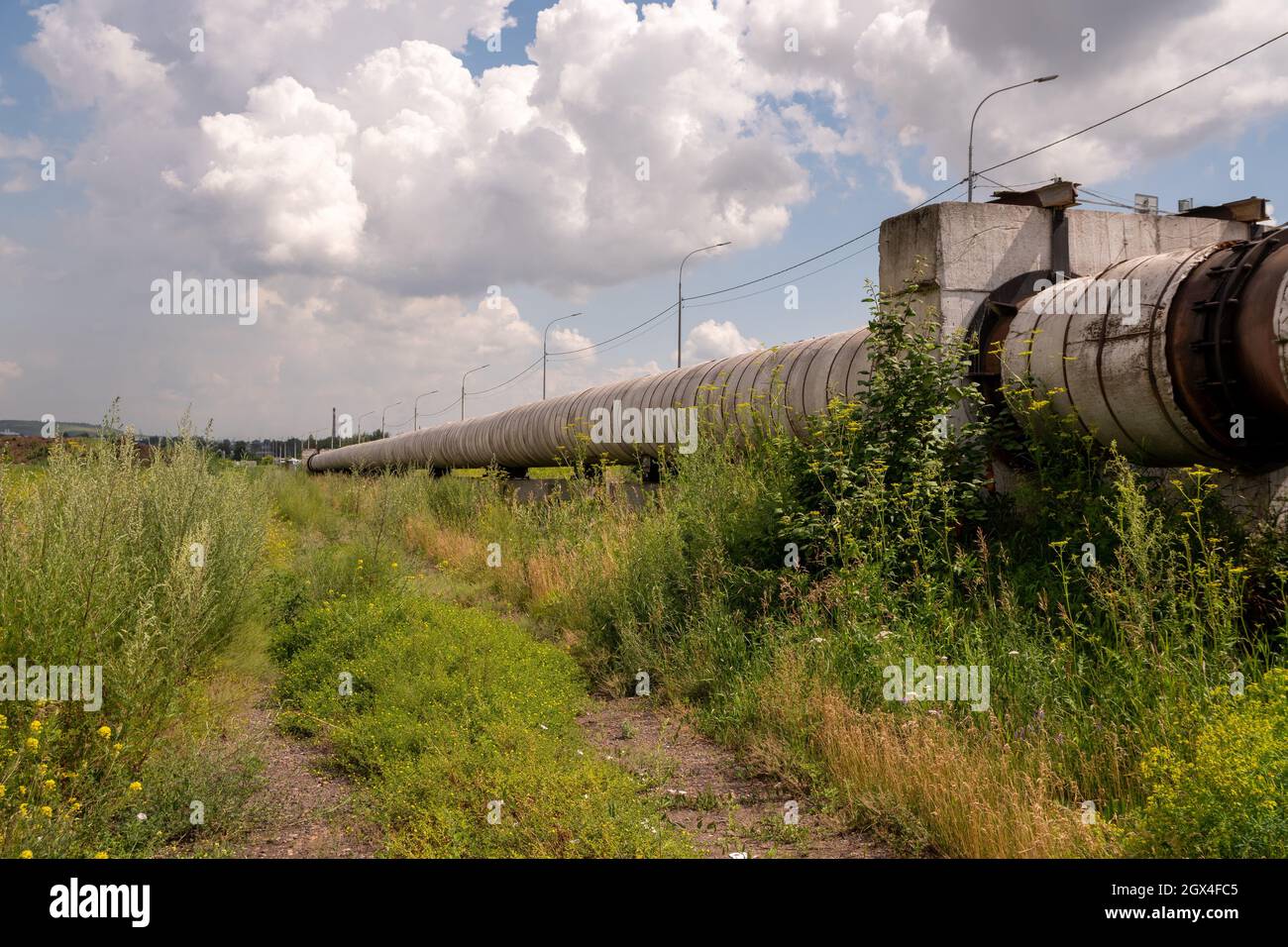 Das Rohr der Erdwärmeleitung des Hauptwärmenetzes auf Stahlbetonstützen geht in die Ferne zwischen dem Gras auf einem sonnigen Summ Stockfoto