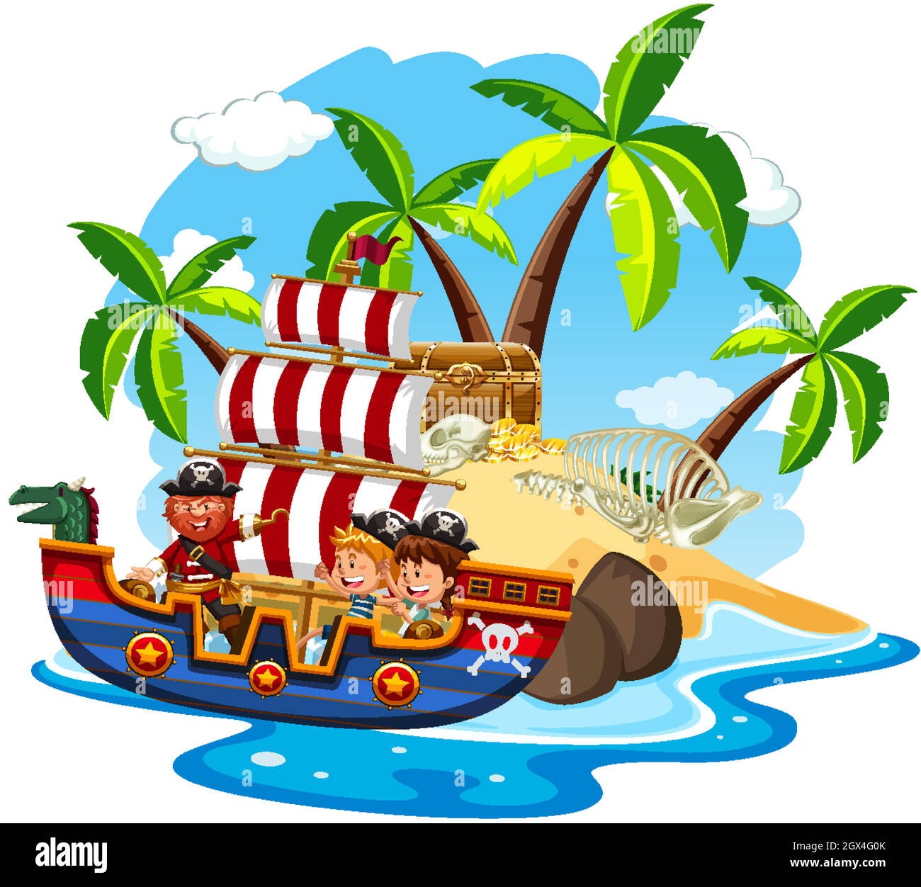 Szene mit Piraten und glücklichen Kindern, die im Meer segeln Stock Vektor