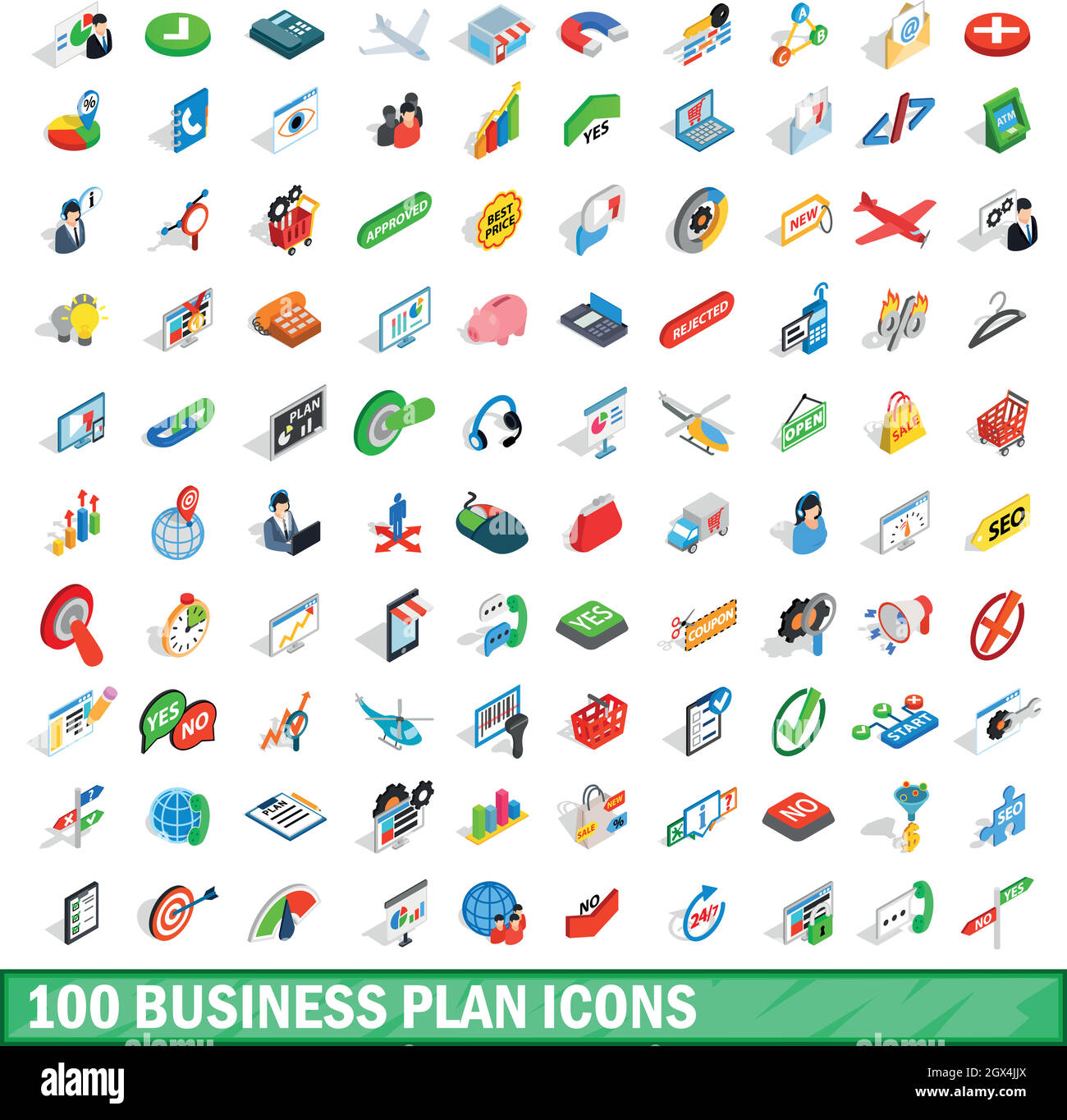 100 Business Plan Symbole Sets, isometrischen 3d Stil Stock Vektor