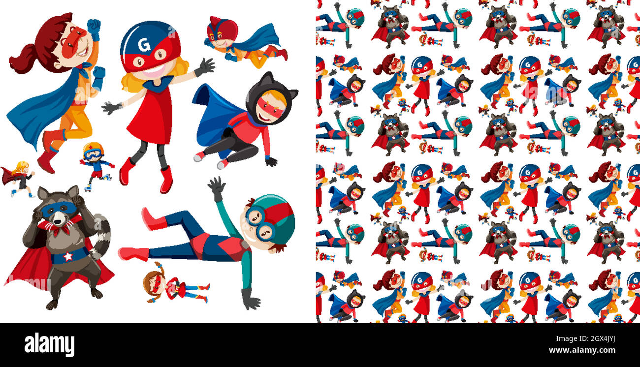 Nahtloses Hintergrunddesign mit vielen Superhelden Stock Vektor
