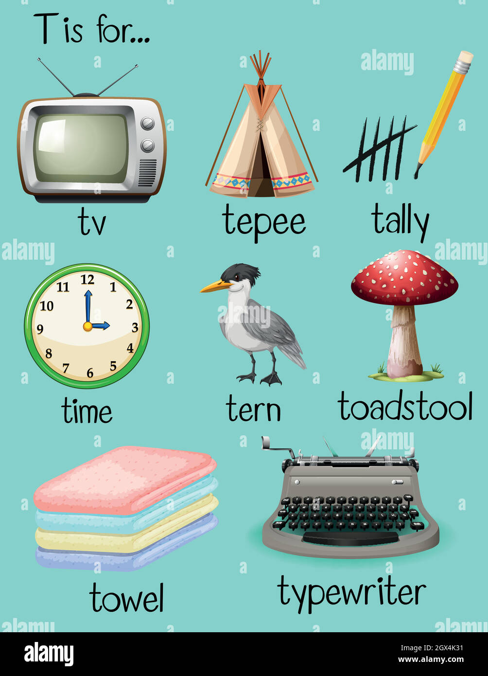 Viele Wörter beginnen mit dem Buchstaben T Stock Vektor