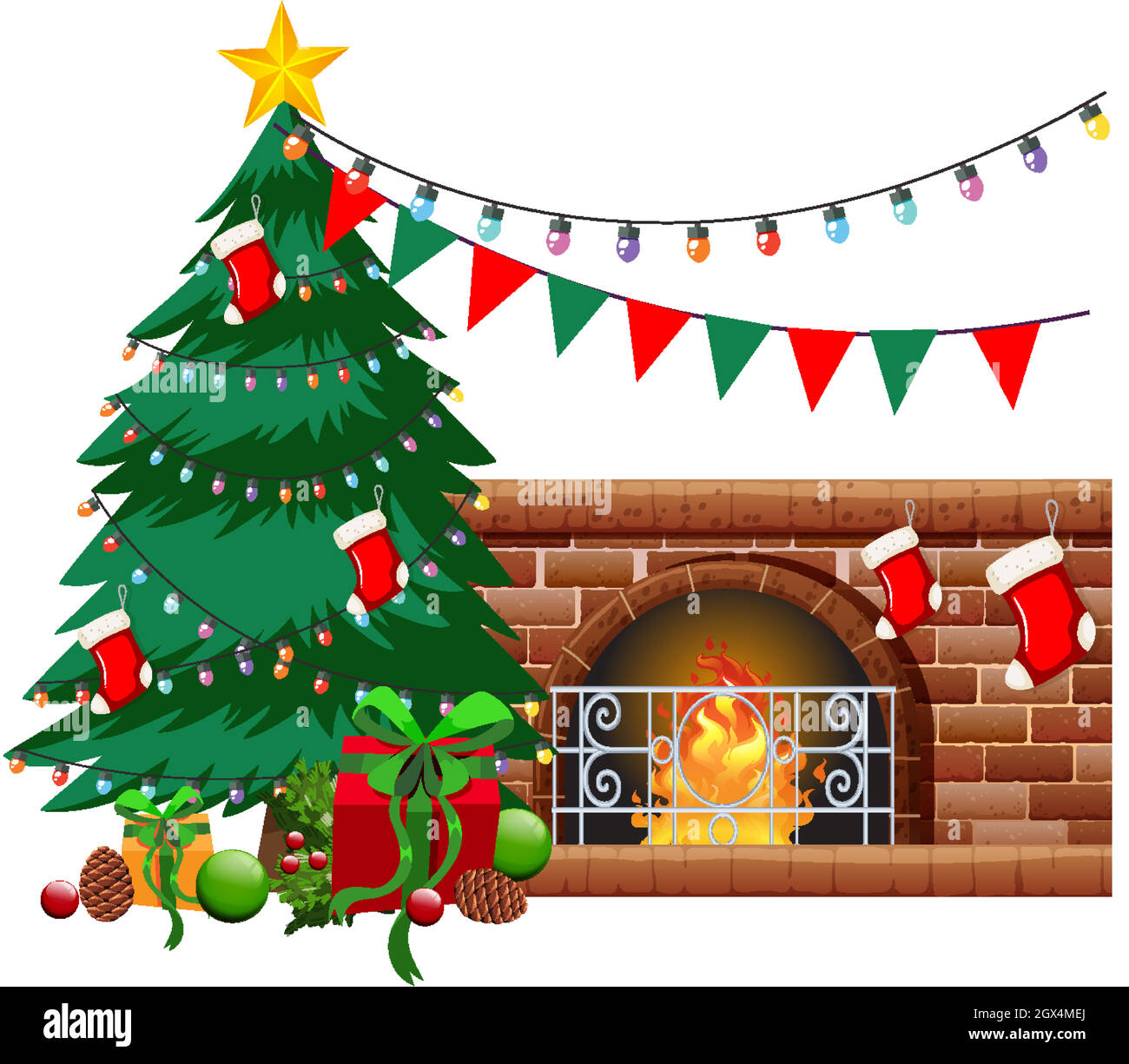 Kamin mit Weihnachtsbaum und Objekten auf weißem Hintergrund Stock Vektor
