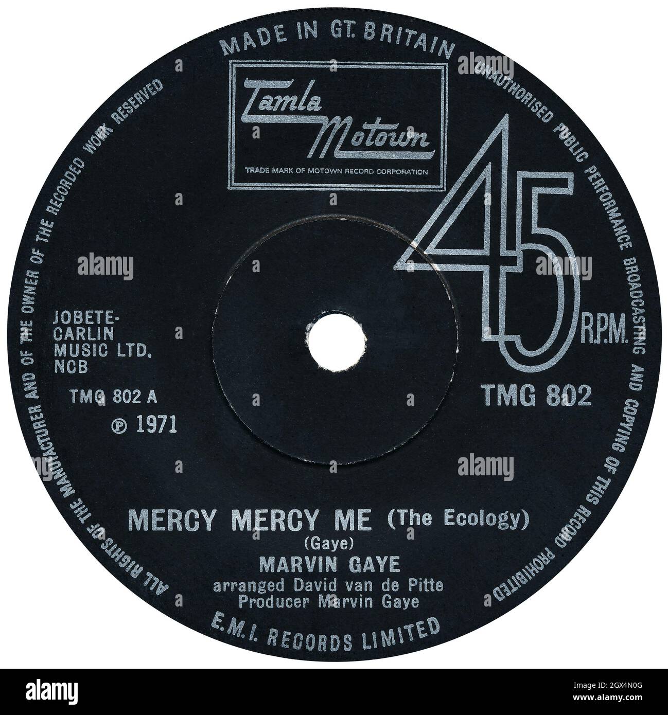45 RPM 7' britisches Plattenlabel von Mercy Mercy Me (The Ecology) von Marvin Gaye. Geschrieben von Marvin Gaye, arrangiert von David Van Pitte und produziert von Marvin Gaye. Veröffentlicht im Februar 1972 auf dem Tamla Motown Label. Stockfoto