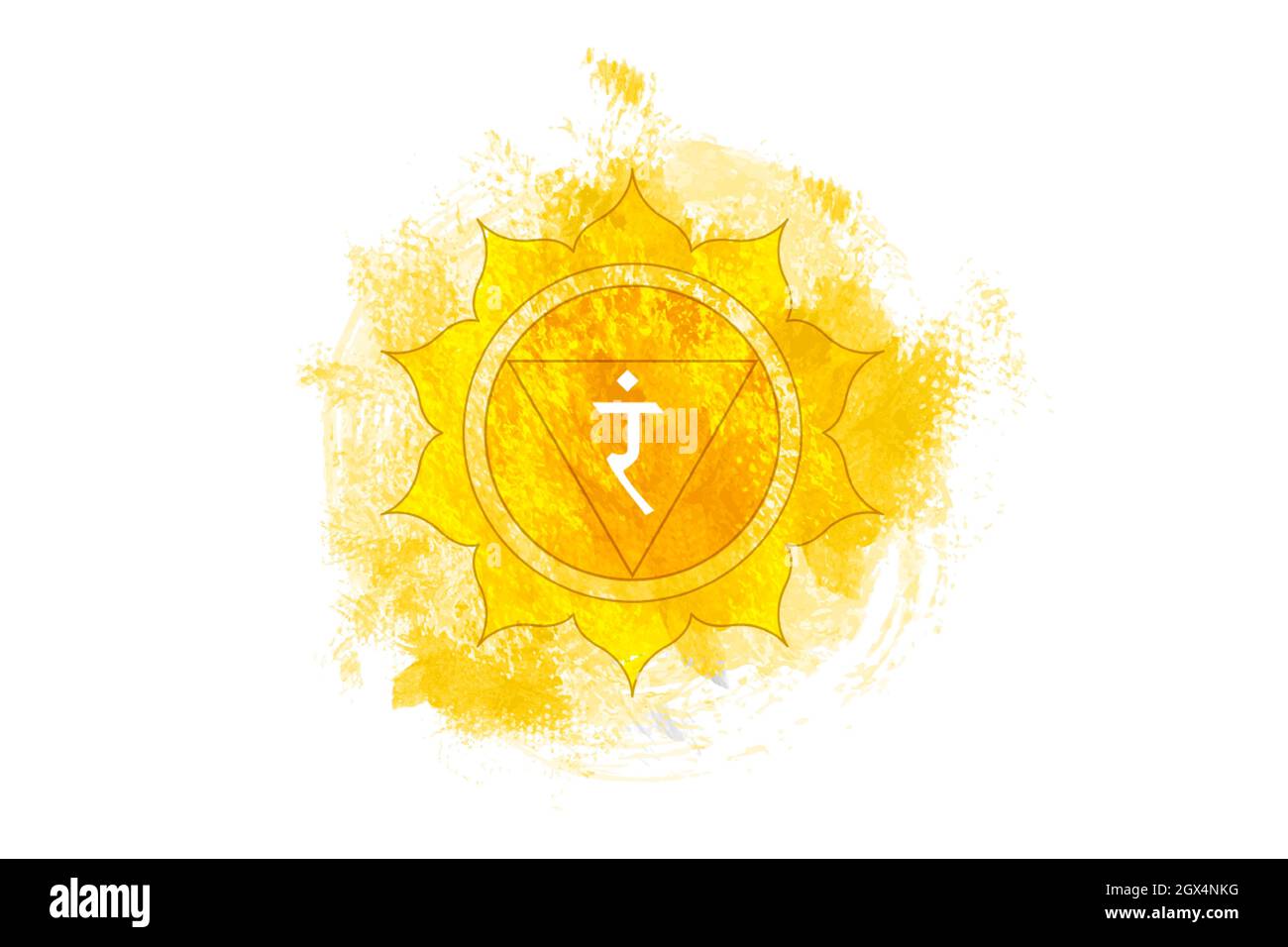 Drittes Chakra von Manipura, Solar-Plexus-Chakra-Logo-Vorlage im Aquarell-Stil. Gelbes Mandala. Spirituelle Meditation Element Vektor Illustration Stock Vektor