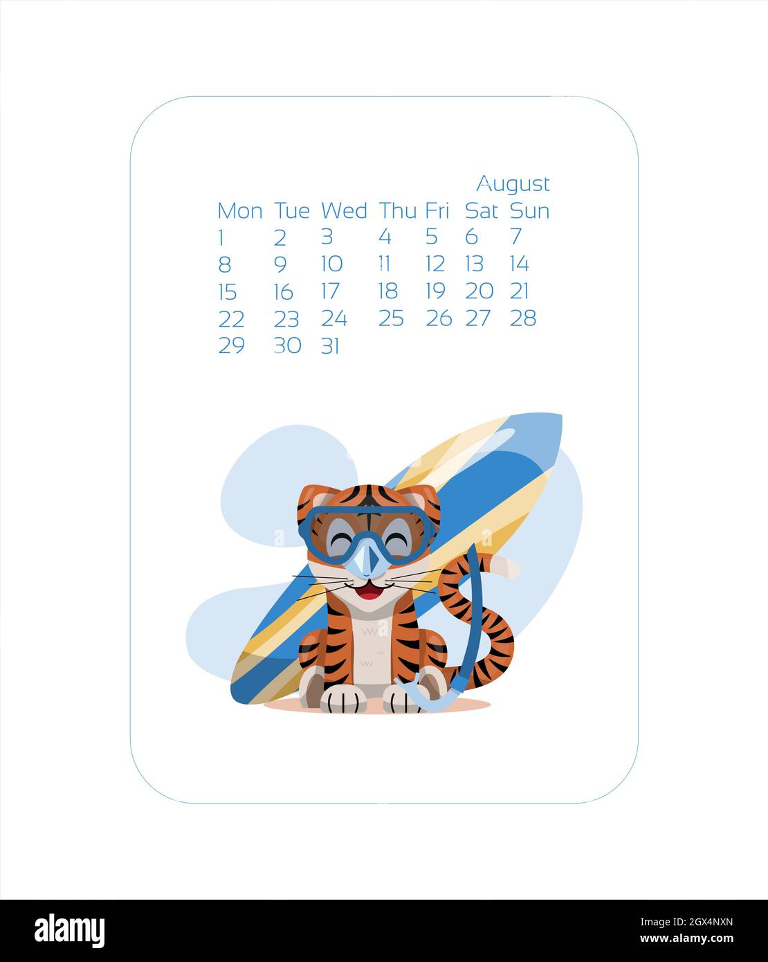 Kalender-Design-Vorlage für 2022 Jahr des blauen Tiger chinesischen neuen Jahres. AugustVector Stock flache Abbildung. Cartoon-Monate für den Kalender Stock Vektor