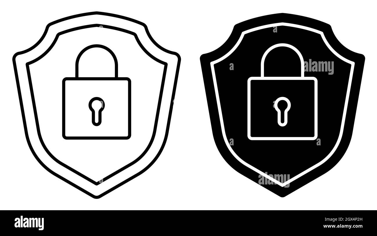 Lineares Symbol. Abschließtes Vorhängeschloss auf dem Hintergrund des Schildes. Zuverlässige, sichere Speicherung von Informationen und Eigentum. Einfacher Schwarz-Weiß-Vektor isoliert auf wh Stock Vektor