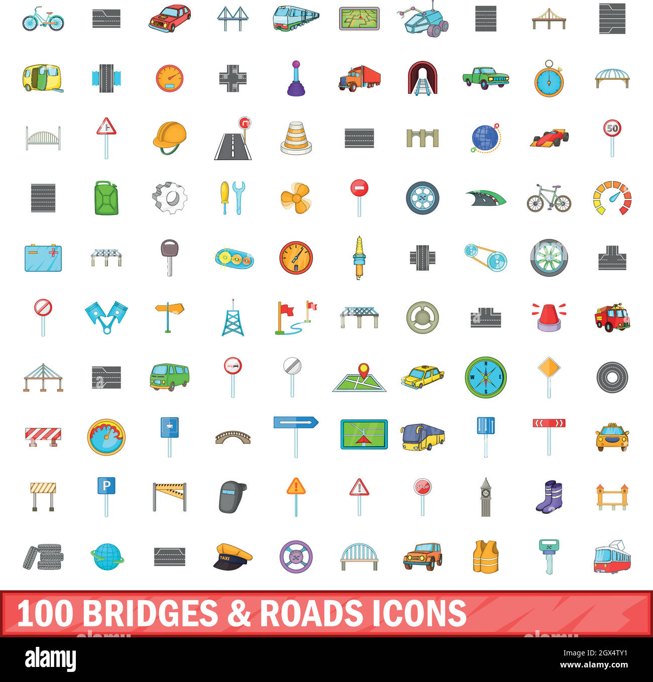 100 Brücken und Straßen Icons set, cartoon-Stil Stock Vektor