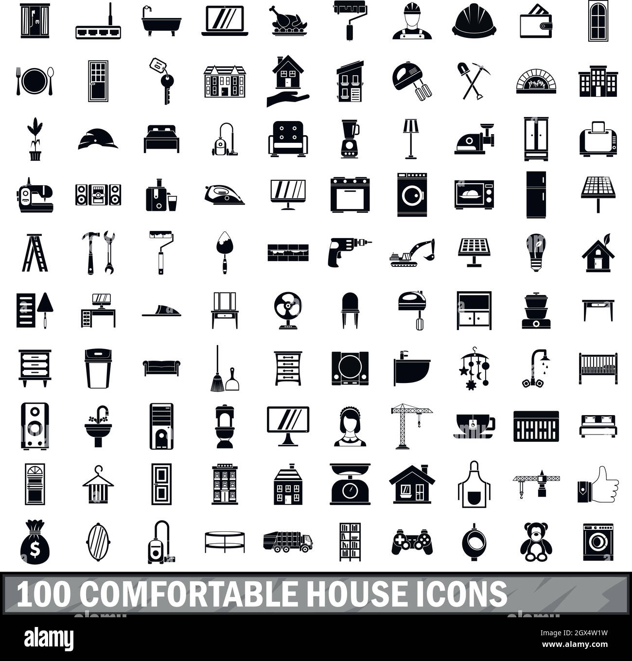 100 komfortable Haus Symbole in einem einfachen Stil eingerichtet Stock Vektor