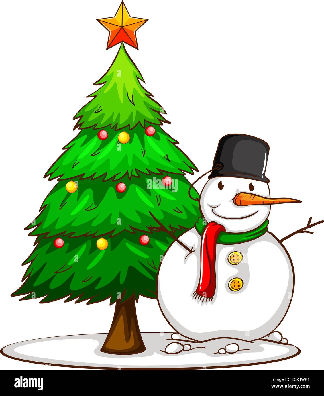 Eine einfache Skizze eines Schneemanns neben dem Weihnachtsbaum Stock Vektor