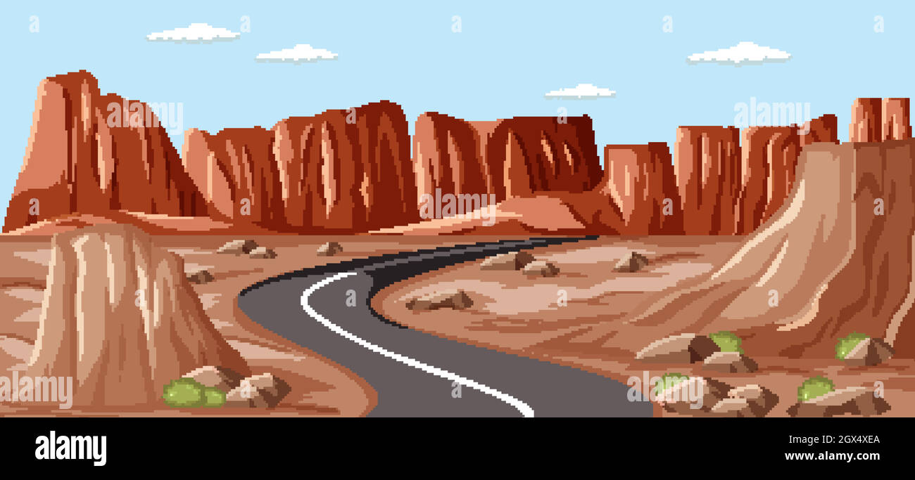 Leere lange Straße in der Mitte der Klippen Hintergrund Stock Vektor