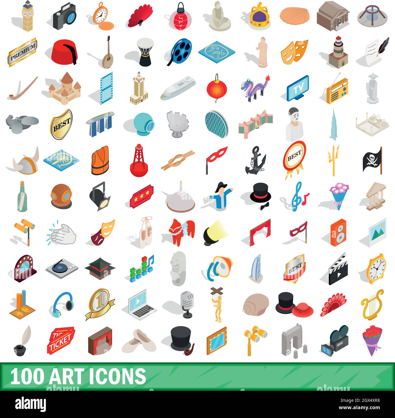 100 Kunst Icons Set, isometrischen 3d Stil Stock Vektor