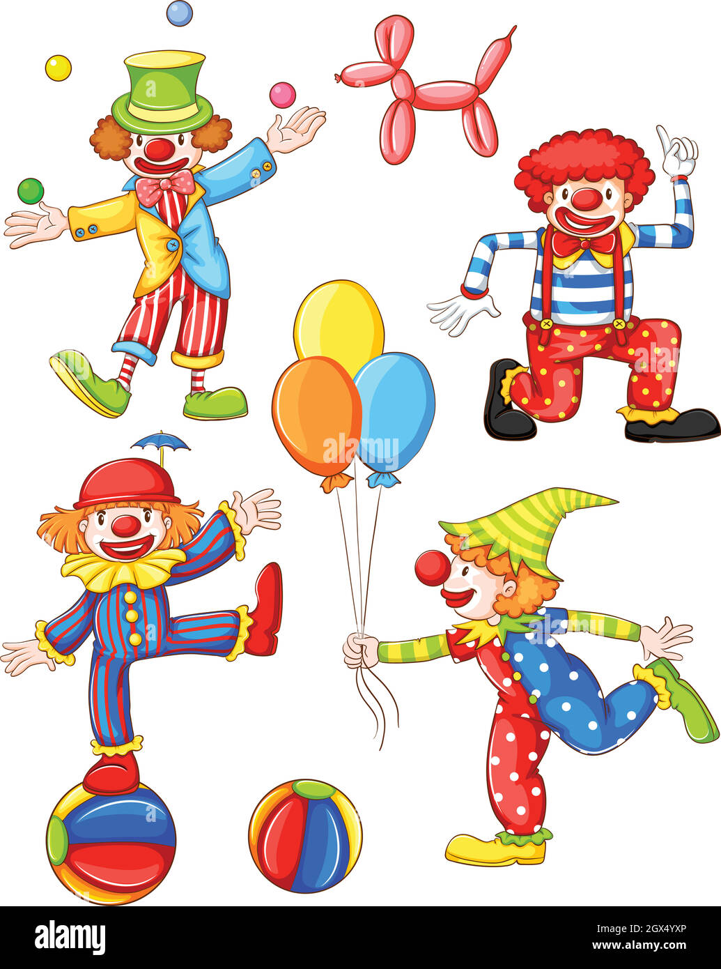 Eine einfache farbige Zeichnung der vier Clowns Stock Vektor