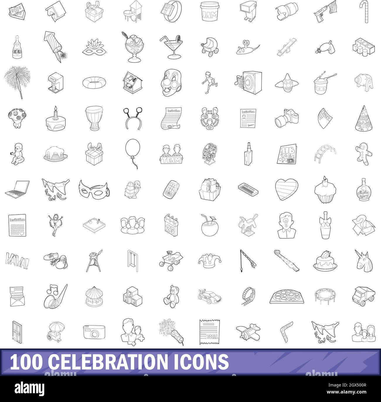 100 Feier Icons Set, Umriss-Stil Stock Vektor