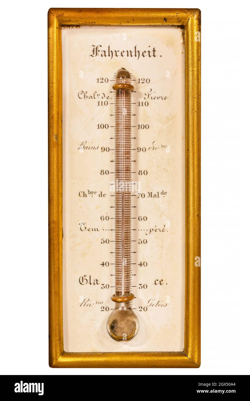 Antikes französisches Thermometer mit Fahrenheit-Skala und goldenem Rahmen isoliert auf weißem Hintergrund Stockfoto