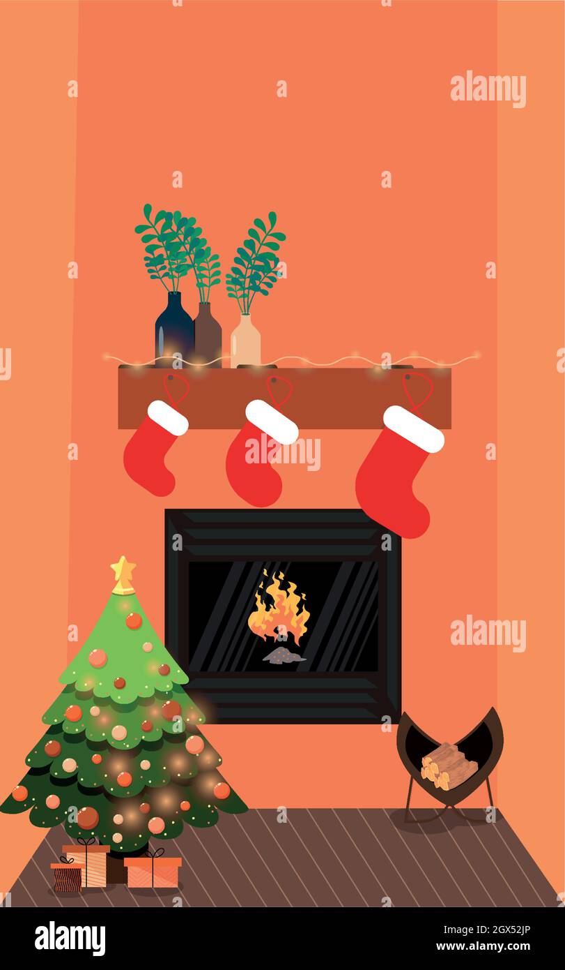 Silvester-Interieur. Geschmückter Weihnachtsbaum in der Nähe des Kamins. Stock Vektor