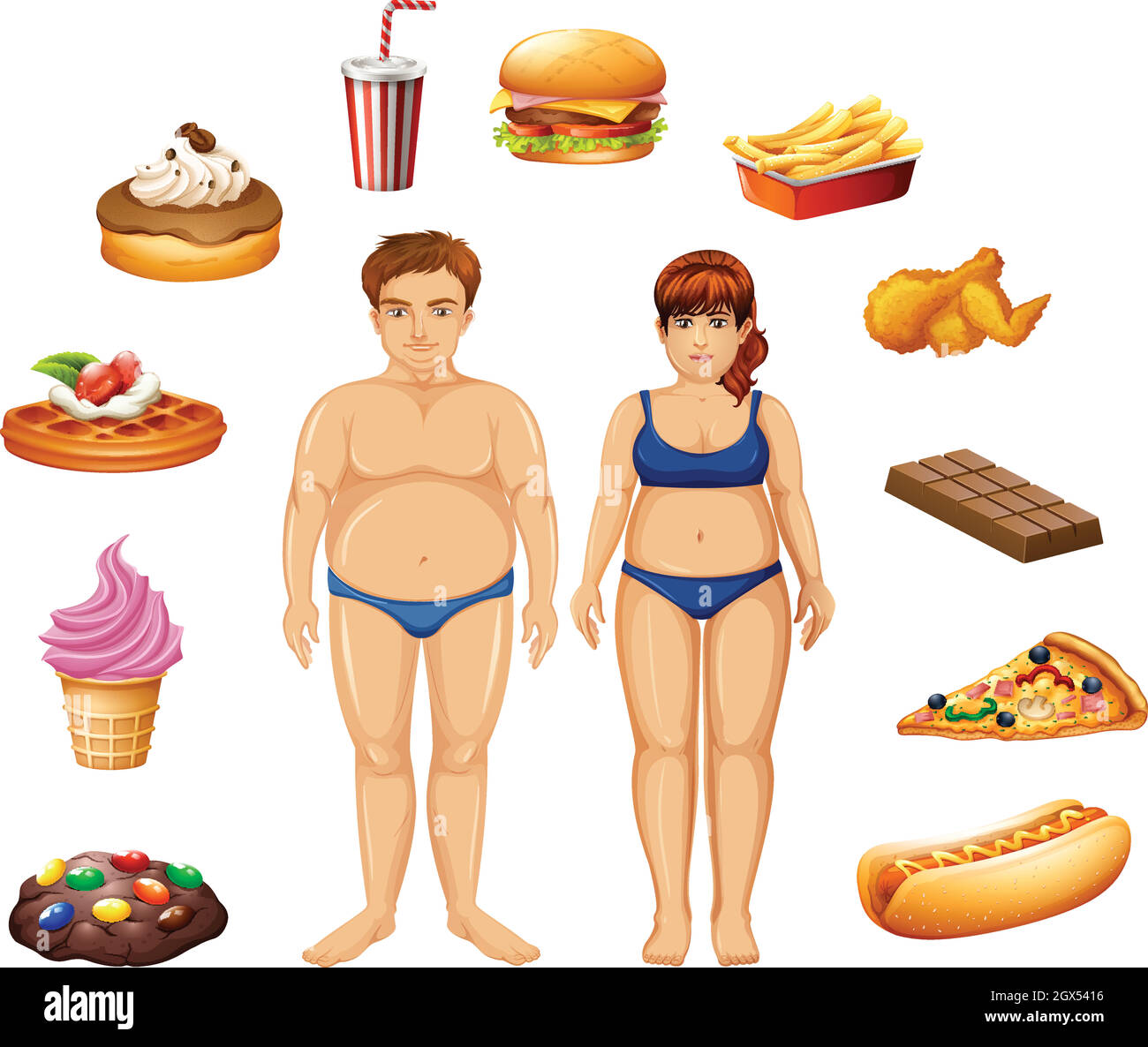 Übergewichtige Menschen mit ungesunden Lebensmitteln Stock Vektor
