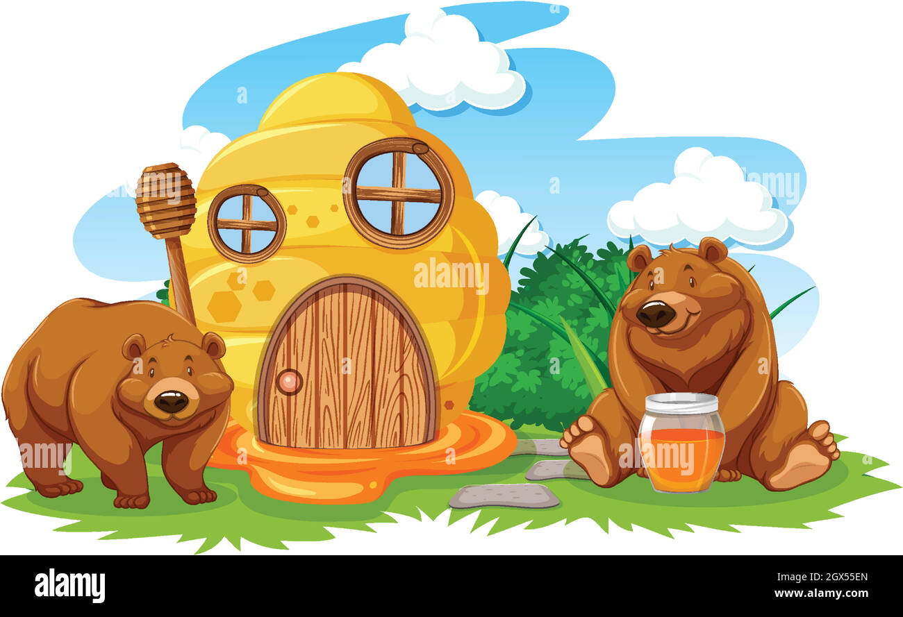 Wabenhaus mit zwei Bären Cartoon-Stil auf weißem Hintergrund Stock Vektor