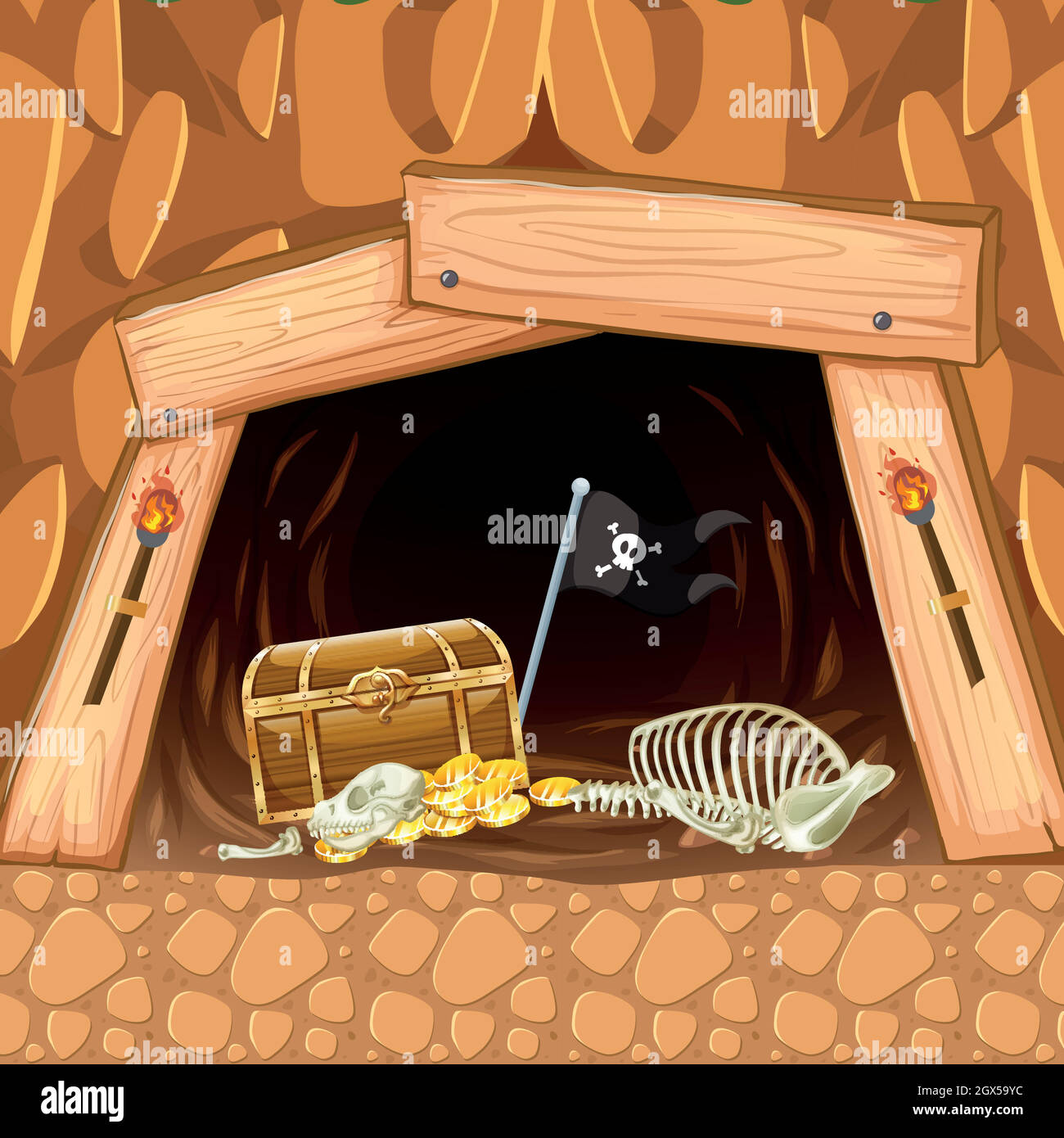Schatz und Skelett der Höhle des Piratenbergbaus Stock Vektor