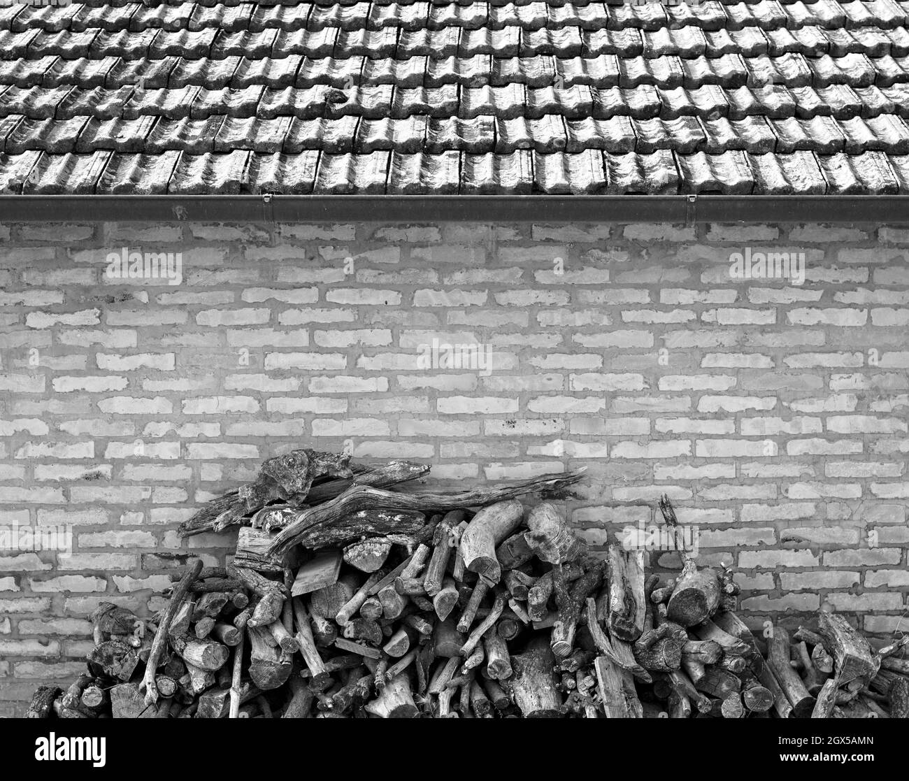 Holzstämme vor einem Bauernhaus aus Ziegel und Stein gestapelt (Umbrien, Italien, Europa) Stockfoto