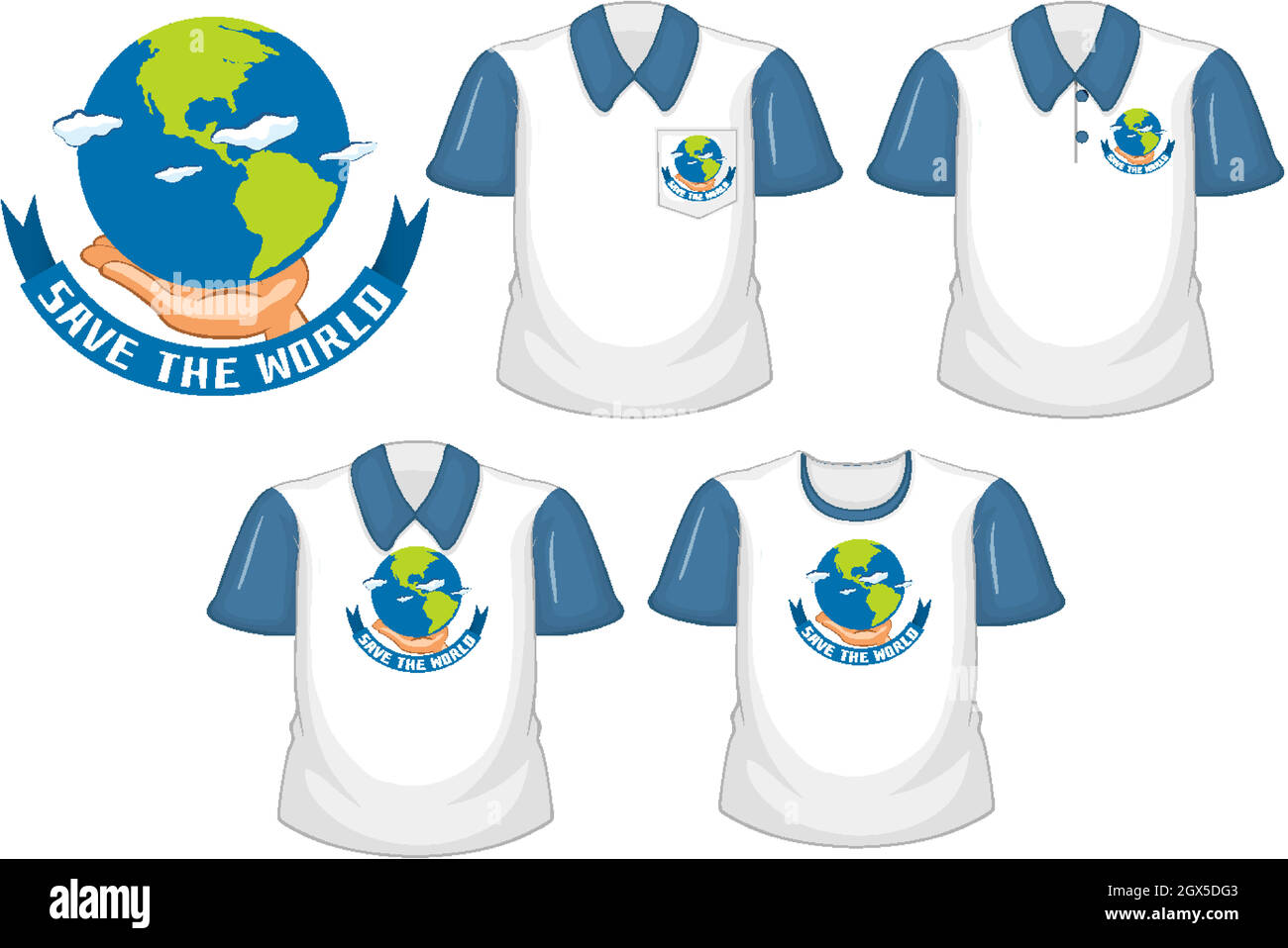 Speichern Sie die Welt Logo und Set von verschiedenen weißen Hemden mit blauen kurzen Ärmeln isoliert auf weißem Hintergrund Stock Vektor