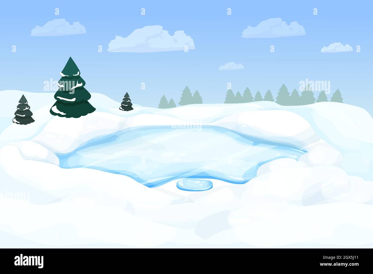 Winterlandschaft mit gefrorenem See, Fluss im Wald mit Schnee und Pinien im Cartoon-Stil. Verschneite Szene. Winterzeit, wilde und wilde Natur. Stock Vektor
