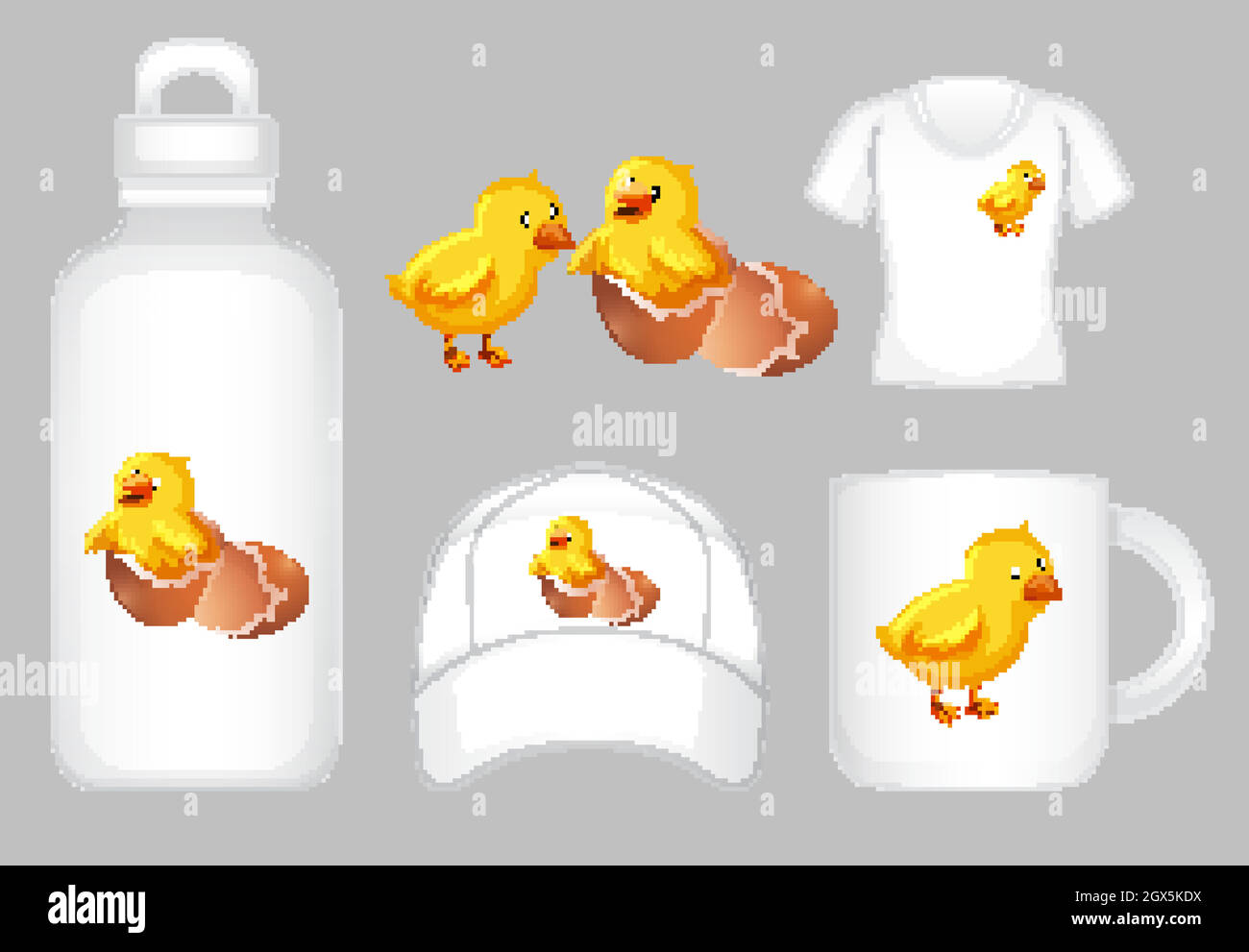 Grafikdesign auf verschiedenen Produkten mit kleinen Küken Stock Vektor