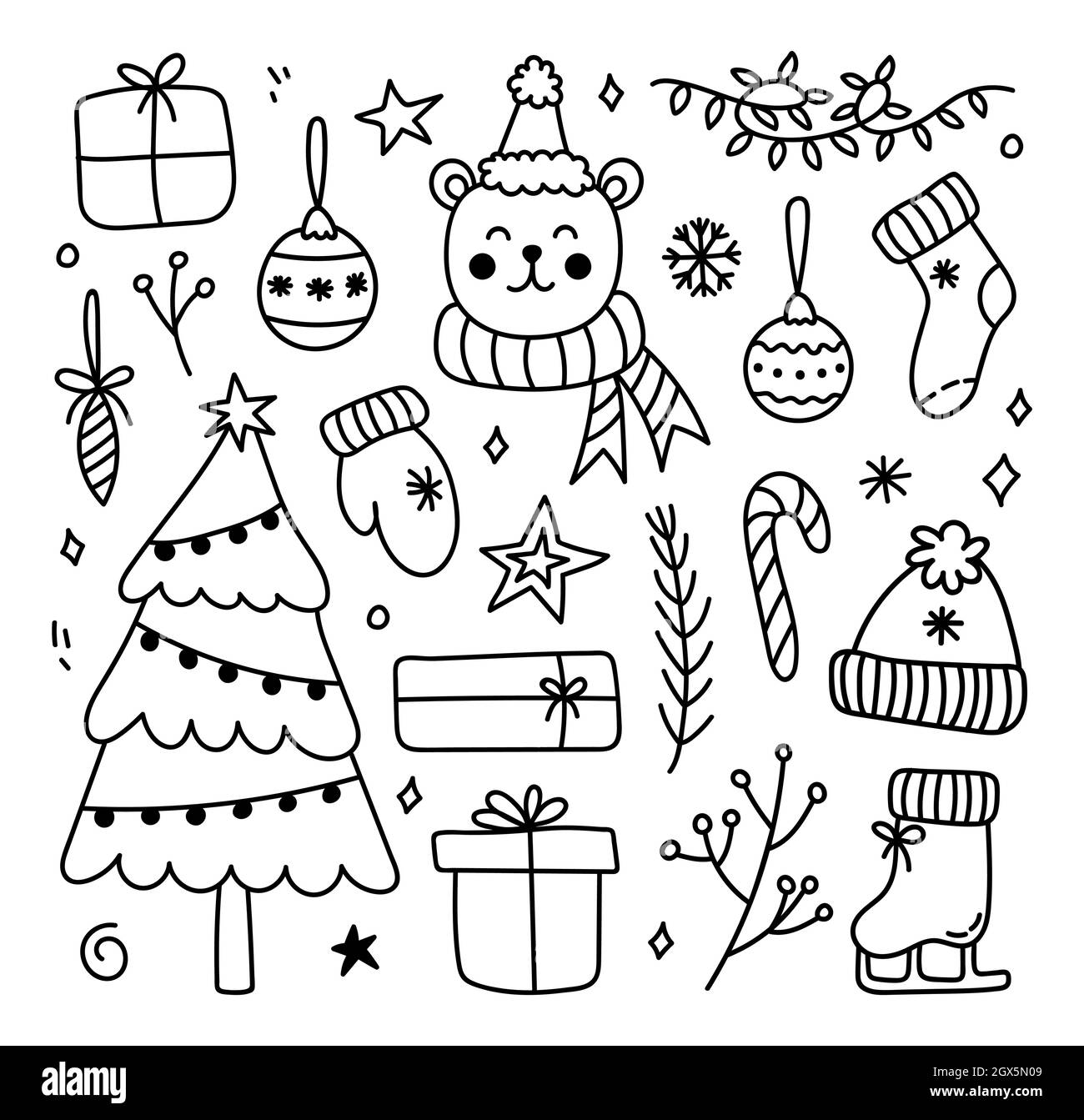 Set von Winterkritzeln - ein Weihnachtsbaum, eine Girlande, Geschenke, Weihnachtsbälle, Zweige, Ein warmer Hut, Socken, Fäustlinge und ein süßer Bär. Vektorgrafik Cartoon handgezeichnete Illustration. Perfekt für Urlaubsdesigns. Stock Vektor