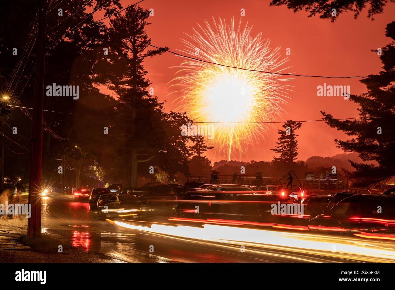Feuerwerk zum großen Finale, das über Bäume explodiert. Stockfoto
