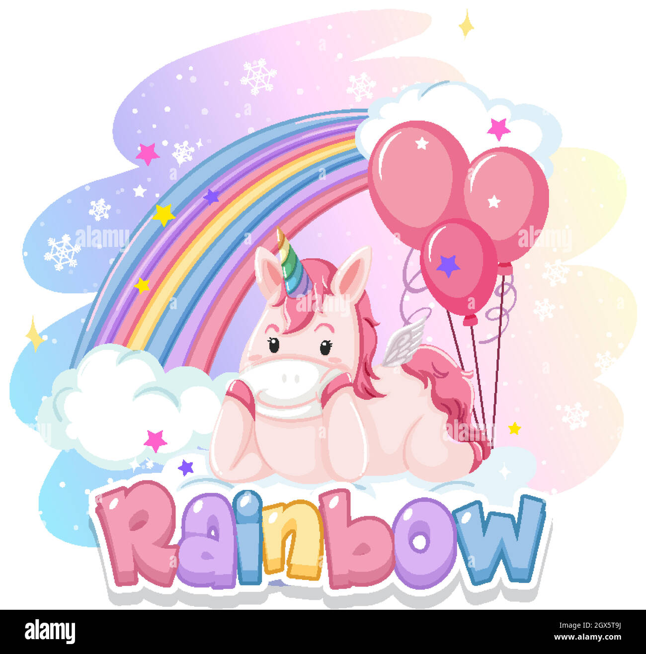 Schriftdesign für Wort Regenbogen mit niedlichem Einhorn und rosa Luftballons Stock Vektor