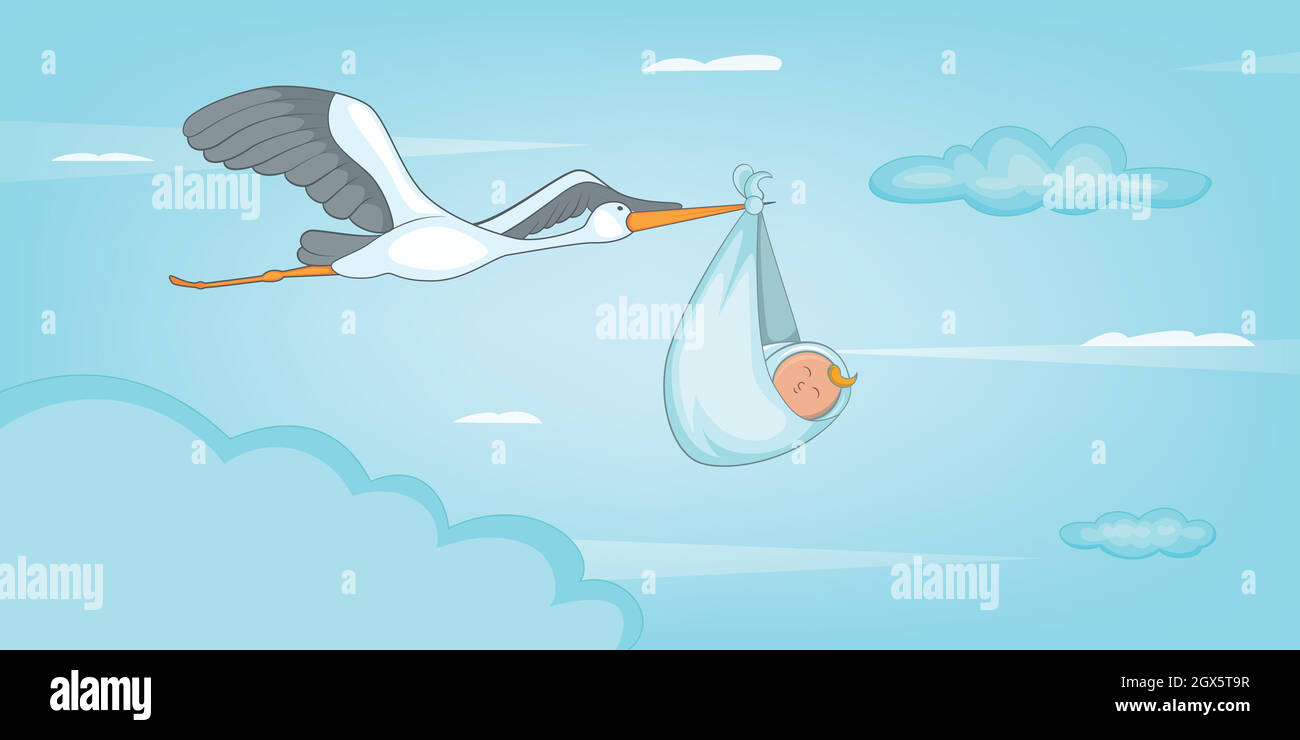 Baby geboren Storch horizontalen Banner, Cartoon-Stil Stock Vektor