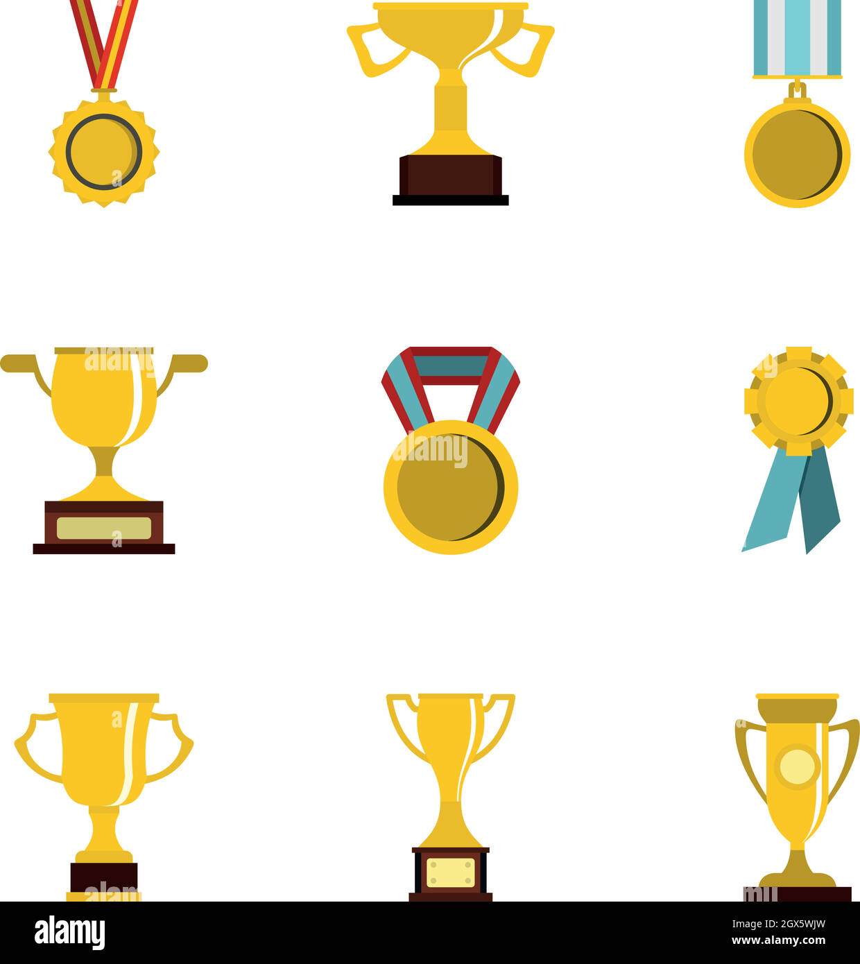 Set aus Trophäen, Medaillen und Prämiensymbolen, flacher Stil Stock Vektor