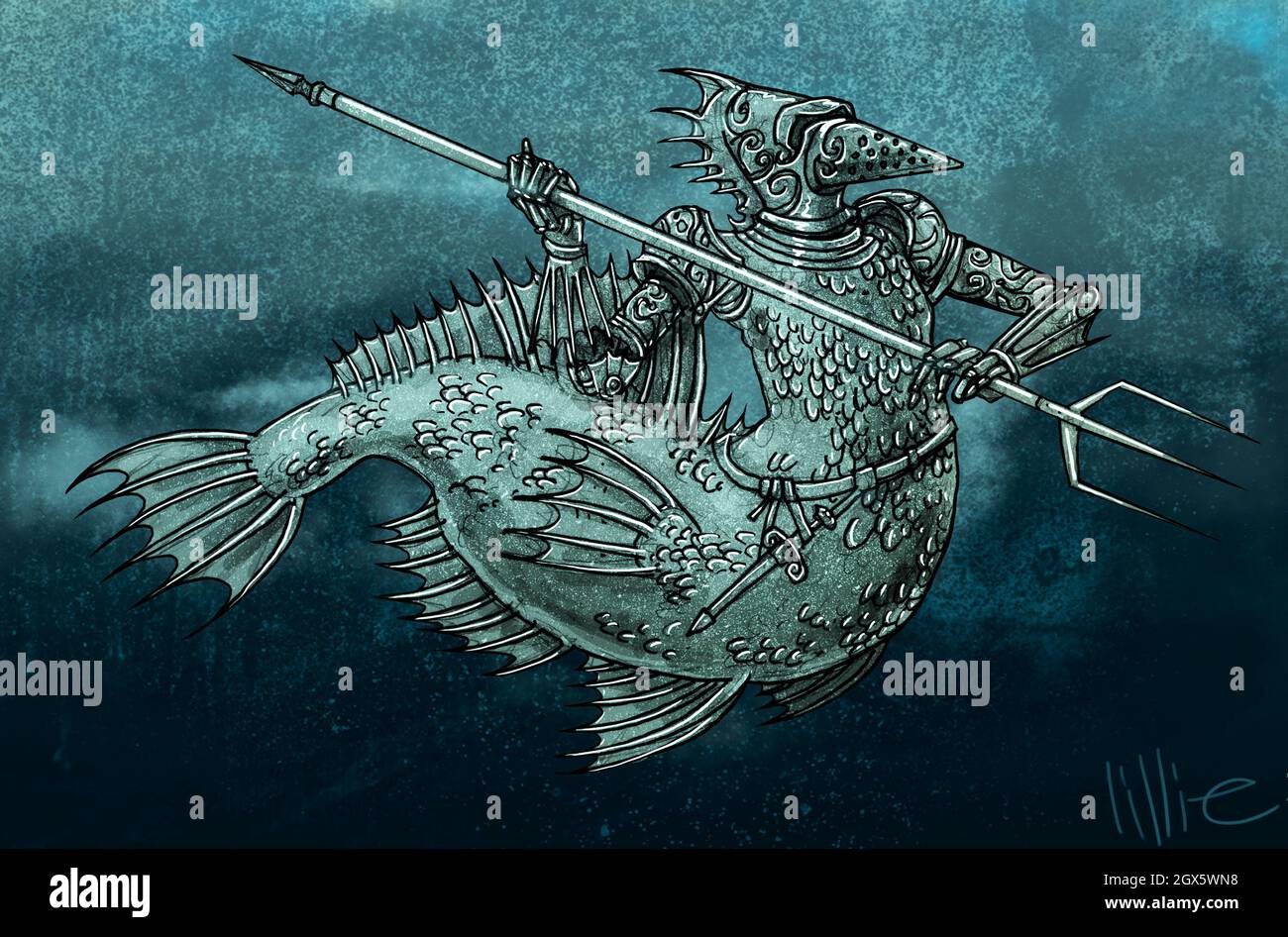 Kunstdarstellung eines Unterwasser-Zitirons oder Seeritters das Fabelwesen hat einen Oberkörper in Form eines bewaffneten Ritters, einen Unterkörper wie ein Fisch Stockfoto