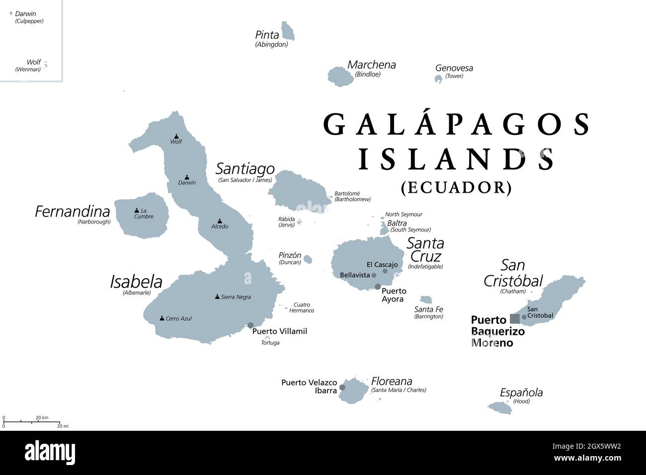 Galapagos-Inseln, Ecuador, graue politische Landkarte, Hauptstadt Puerto Baquerizo Moreno. Archipel vulkanischer Inseln auf beiden Seiten des Äquators im Pazifik. Stockfoto