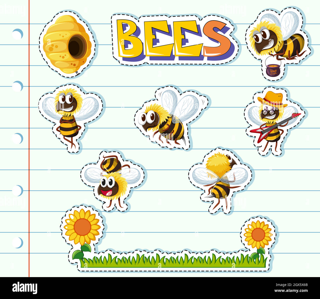 Bienen und Blumengarten auf Leinenpapier Stock Vektor