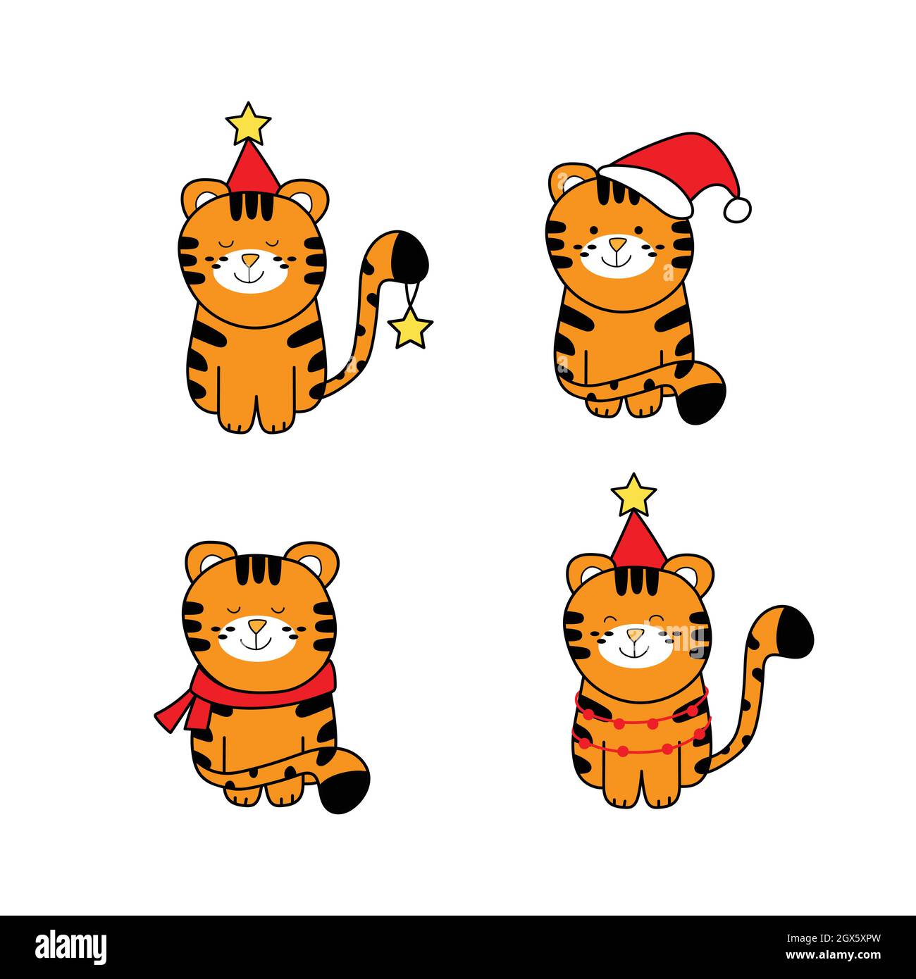Set von niedlichen Tiger im Weihnachtskostüm - Vektor-Sammlung. Tier Zeichentrickfigur Satz. Stock Vektor