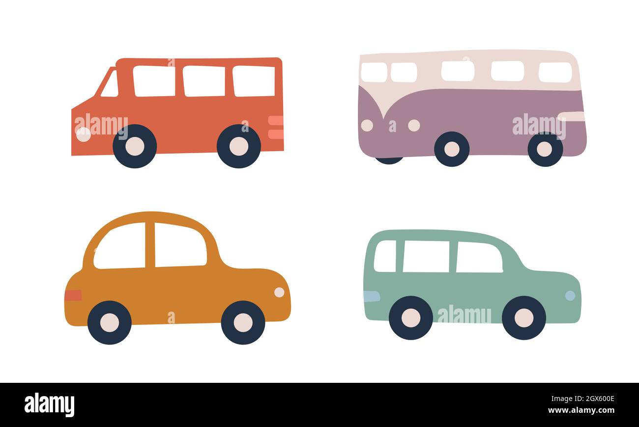 Set aus vier pastellfarbenen Autos auf weißem Hintergrund. Von Hand gezeichnet. Spielzeugautos für Design Stock Vektor
