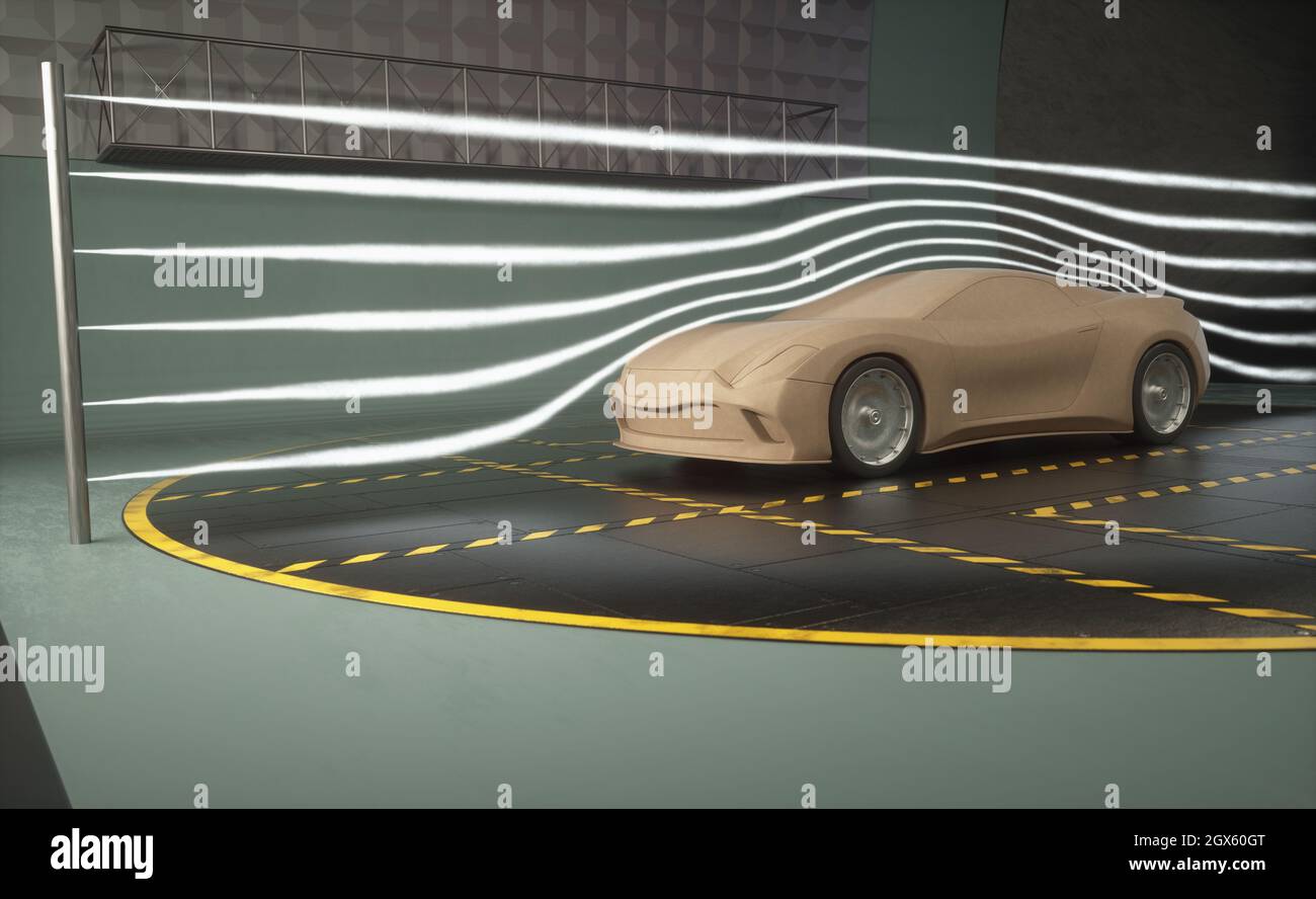 3D-Illustration eines imaginären Sportwagens. Konzeptioneller Prototyp im aerodynamischen Tunnel. Stockfoto