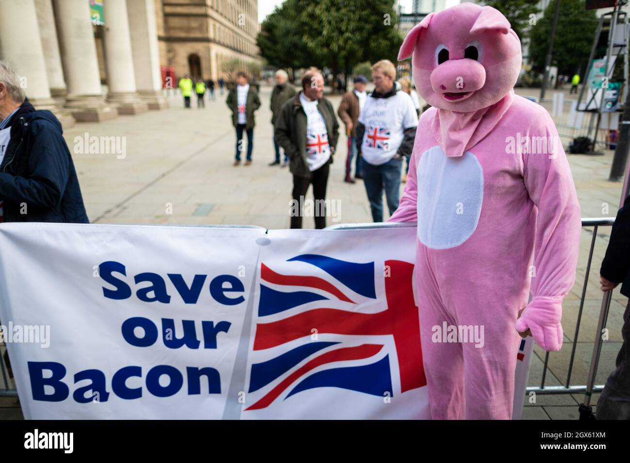 Manchester, Großbritannien. Oktober 2021. Eine Person in Schweinestall steht vor der Konferenz der Konservativen Partei, während die Delegierten für die Tagesveranstaltungen hereinkommen. Britische Bauern protestieren gegen die Tory Party aufgrund der Auswirkungen des Brexit, der zu Fachkräftemangel und Einschränkungen geführt hat. ÊAndy Barton/Alamy Live News Credit: Andy Barton/Alamy Live News Stockfoto